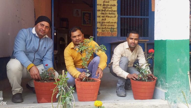 फाइलेरिया उन्मूलन के लिए बच्चों को दवा खिलाने के बाद विद्यालय परिसर में शिक्षकों ने किया पौधरोपण