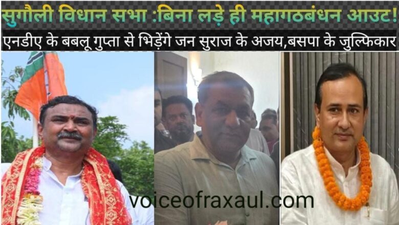 बिहार विधानसभा चुनाव 2025: महागठबंधन ने बिना लड़े गंवाई एक सीट,सुगौली में एनडीए के बबलू गुप्ता को जन सुराज के अजय झा,बसपा के जुल्फिकार आफताब देंगे टक्कर