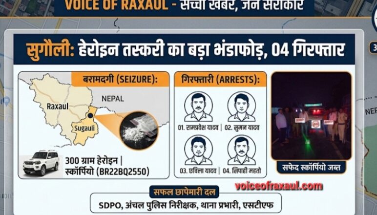 सुगौली में 300 ग्राम हेरोइन के साथ स्कॉर्पियो सवार चार तस्कर गिरफ्तार, रामगढ़वा और पलनवा के धंधेबाज धराए